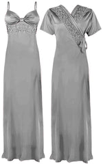 Charger l&#39;image dans la galerie, Silver / One Size: Regular Women Strappy 2 Pcs Satin Long Nighty and Robe The Orange Tags
