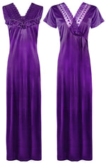 Загрузить изображение в средство просмотра галереи, Purple 2 / One Size Women Satin Long Nighty and Housecoat The Orange Tags

