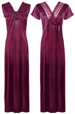 Charger l&#39;image dans la galerie, Wine / One Size Women Satin Long Nighty and Housecoat The Orange Tags
