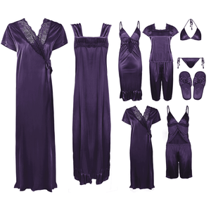 Dark Purple / One Size: Regular (8-14) Bridal 11 Piece Nightwear Set The Orange Tags