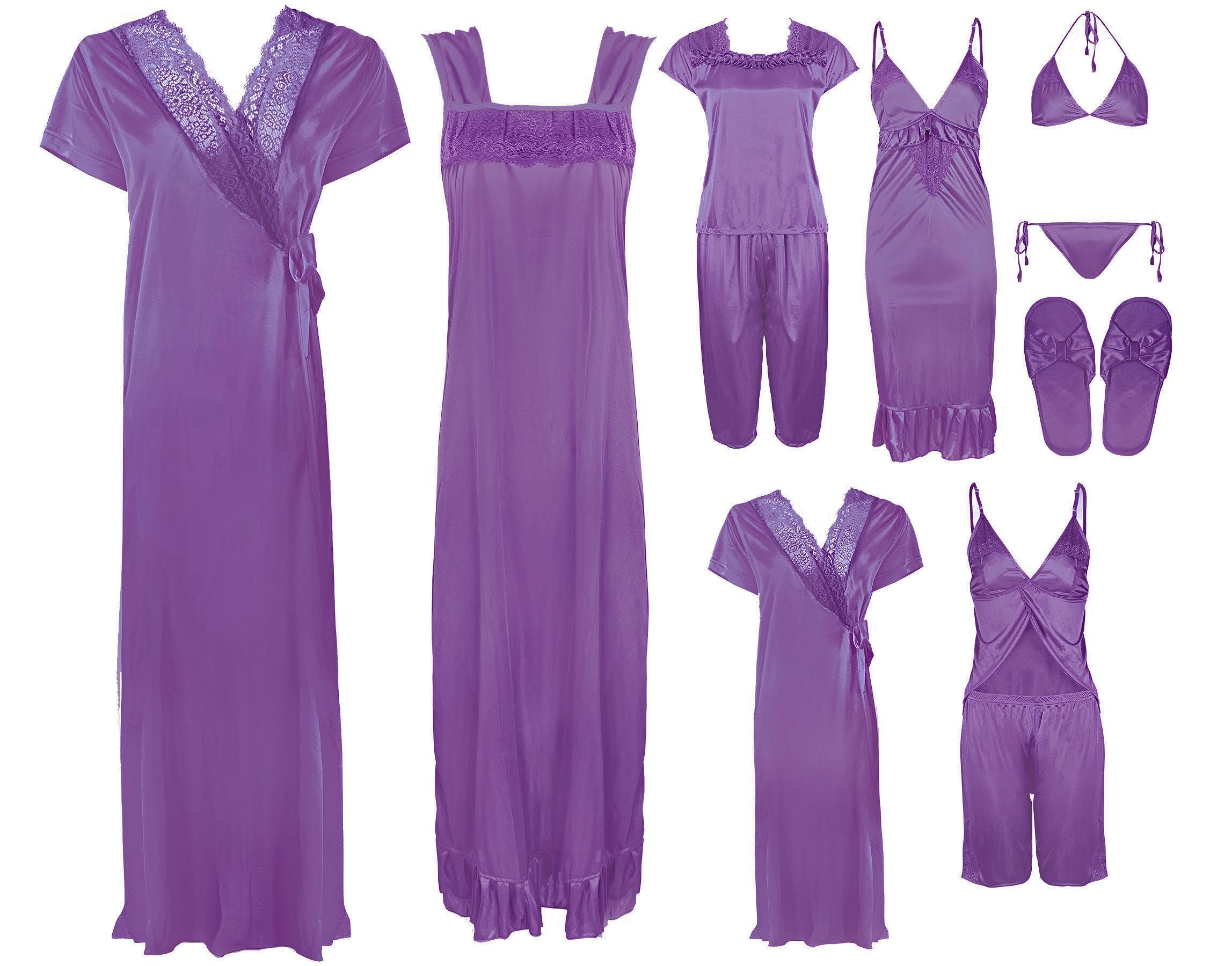 Light Purple / One Size: Regular (8-14) Bridal 11 Piece Nightwear Set The Orange Tags