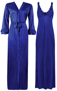 Blue / XL ELEGANT DESIGNER WOMENS LONG NIGHTIE LADIES FULL SLEEVE NIGHTWEAR SET 8-14 The Orange Tags