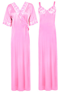 Baby Pink / XL Women Satin Nighty with Robe Nightdress The Orange Tags