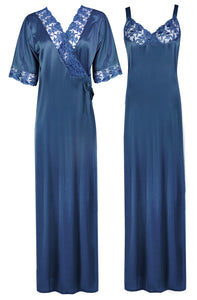 Blue / XL Women Satin Nighty with Robe Nightdress The Orange Tags