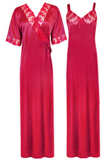 Afbeelding in Gallery-weergave laden, Cerise / XL Women Satin Nighty with Robe Nightdress The Orange Tags

