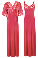 Afbeelding in Gallery-weergave laden, Coral Pink / XL Women Satin Nighty with Robe Nightdress The Orange Tags
