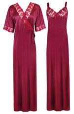 Afbeelding in Gallery-weergave laden, Dark Pink / XL Women Satin Nighty with Robe Nightdress The Orange Tags
