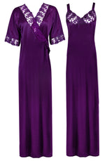 Charger l&#39;image dans la galerie, Dark Purple 1 / XL Women Satin Nighty with Robe Nightdress The Orange Tags
