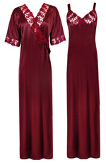 Charger l&#39;image dans la galerie, Deep Red / XL Women Satin Nighty with Robe Nightdress The Orange Tags
