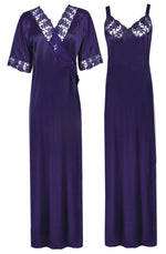 Load image into Gallery viewer, Navy / XL Women Satin Nighty with Robe Nightdress The Orange Tags
