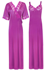 Afbeelding in Gallery-weergave laden, Purple / XL Women Satin Nighty with Robe Nightdress The Orange Tags
