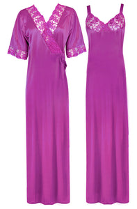 Purple / XL Women Satin Nighty with Robe Nightdress The Orange Tags