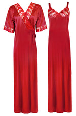 Afbeelding in Gallery-weergave laden, Red / XL Women Satin Nighty with Robe Nightdress The Orange Tags
