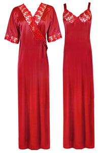 Red / XL Women Satin Nighty with Robe Nightdress The Orange Tags