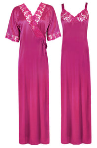 Rose Pink / XL Women Satin Nighty with Robe Nightdress The Orange Tags