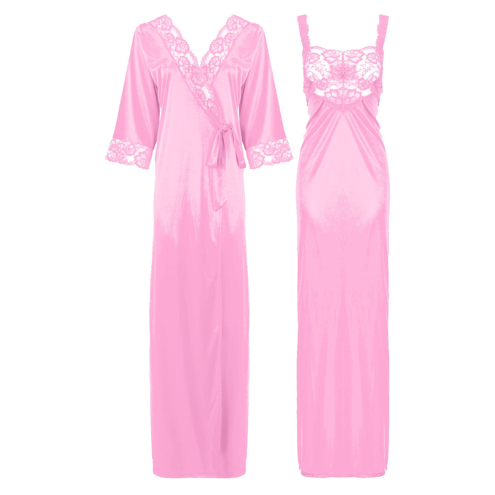 Baby Pink / L Satin Long Lace Nightie with Robe The Orange Tags