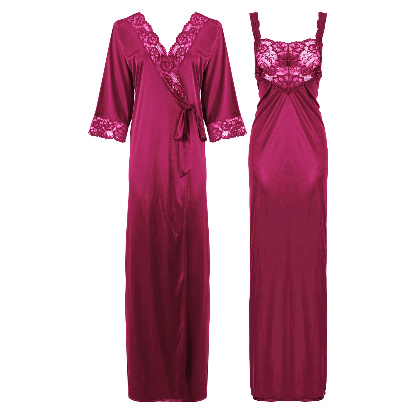 Cyber Pink / L Satin Long Lace Nightie with Robe The Orange Tags