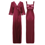 Charger l&#39;image dans la galerie, Maroon / L Satin Long Lace Nightie with Robe The Orange Tags
