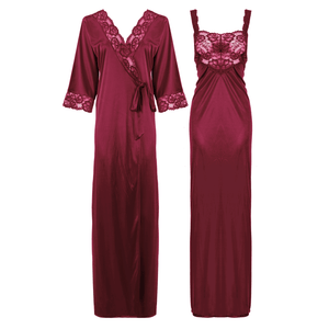 Maroon / L Satin Long Lace Nightie with Robe The Orange Tags