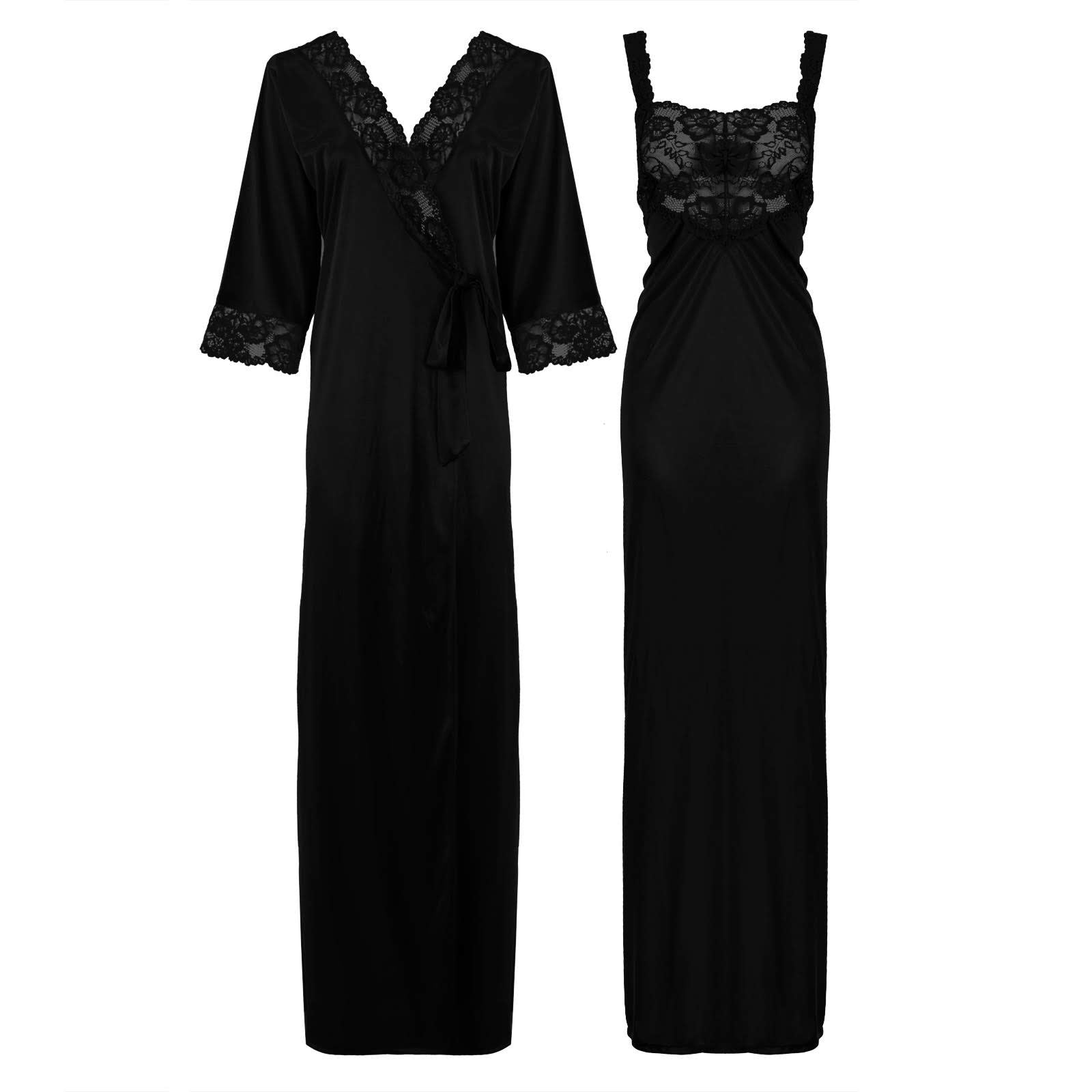 Black / L Satin Long Lace Nightie with Robe The Orange Tags