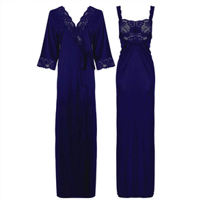 Navy / L Satin Long Lace Nightie with Robe The Orange Tags