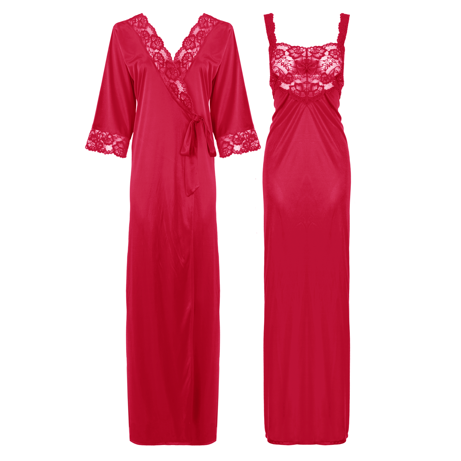 Cerise / L Satin Long Lace Nightie with Robe The Orange Tags