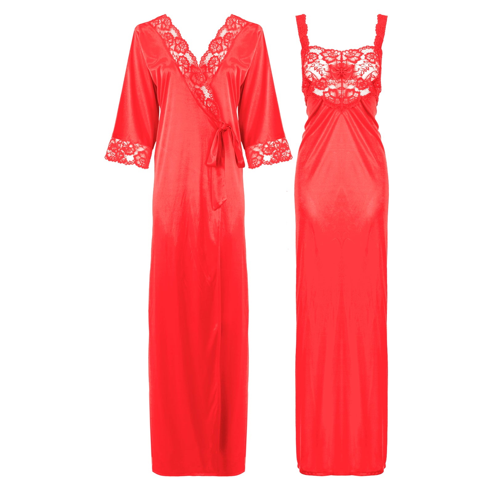 Coral Pink / L Satin Long Lace Nightie with Robe The Orange Tags