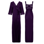Načíst obrázek do prohlížeče Galerie, Dark Purple / L Satin Long Lace Nightie with Robe The Orange Tags
