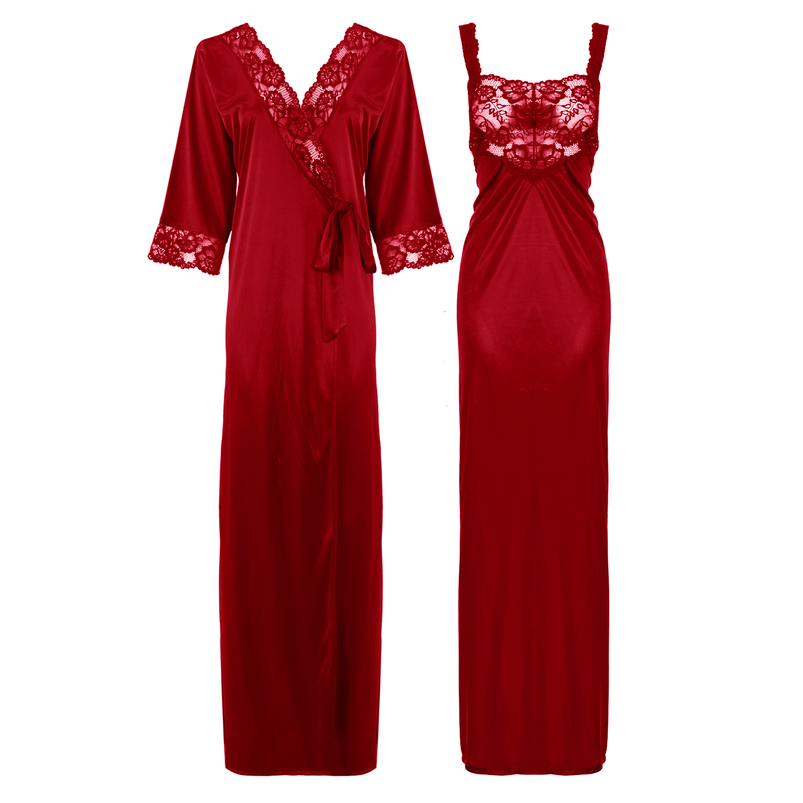 Deep Red / L Satin Long Lace Nightie with Robe The Orange Tags