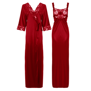 Deep Red / L Satin Long Lace Nightie with Robe The Orange Tags