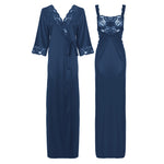 Load image into Gallery viewer, Midnight Blue / L Satin Long Lace Nightie with Robe The Orange Tags
