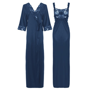 Midnight Blue / L Satin Long Lace Nightie with Robe The Orange Tags