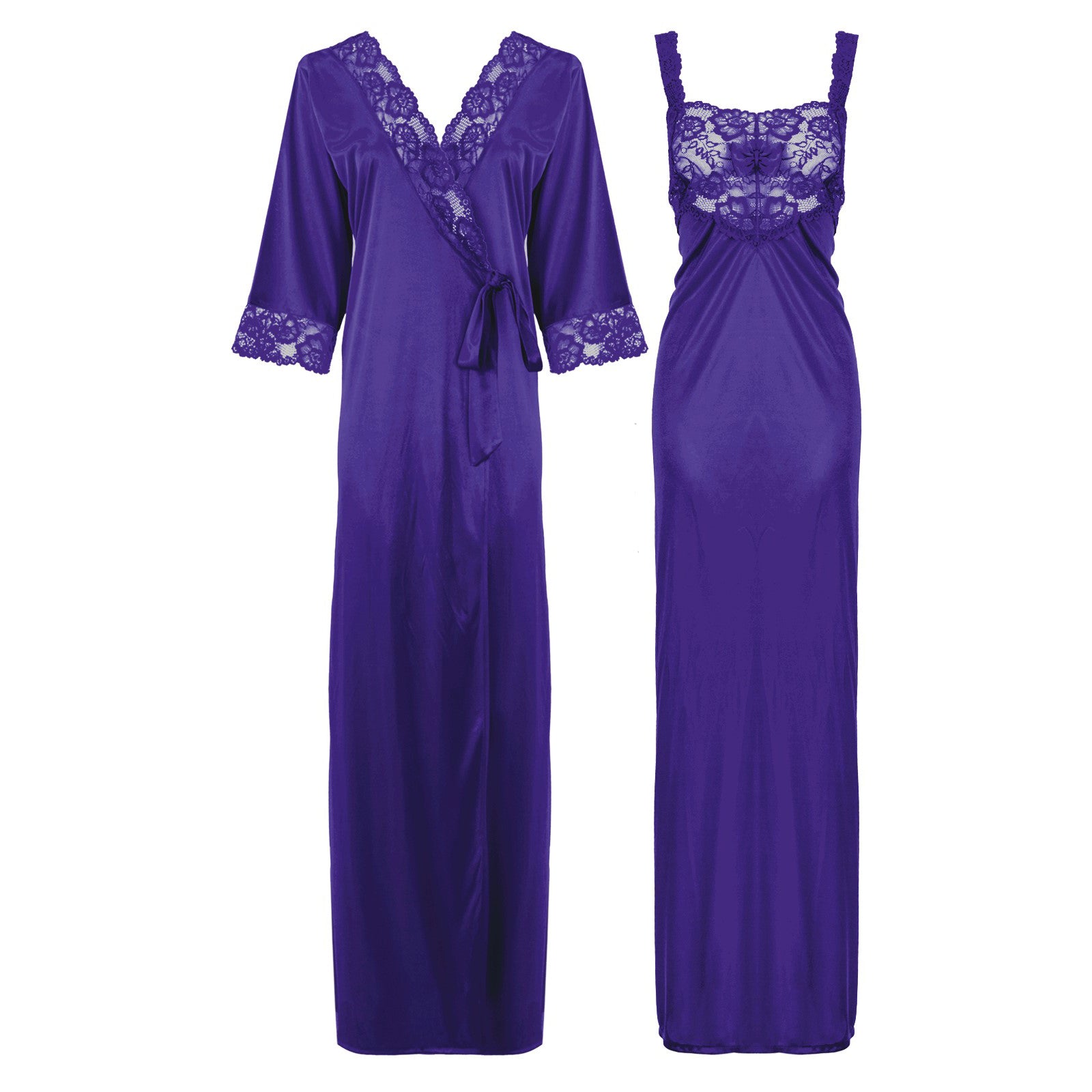 Purple / L Satin Long Lace Nightie with Robe The Orange Tags