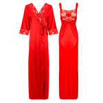 Load image into Gallery viewer, Red / L Satin Long Lace Nightie with Robe The Orange Tags
