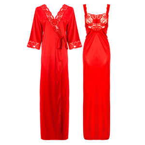 Red / L Satin Long Lace Nightie with Robe The Orange Tags