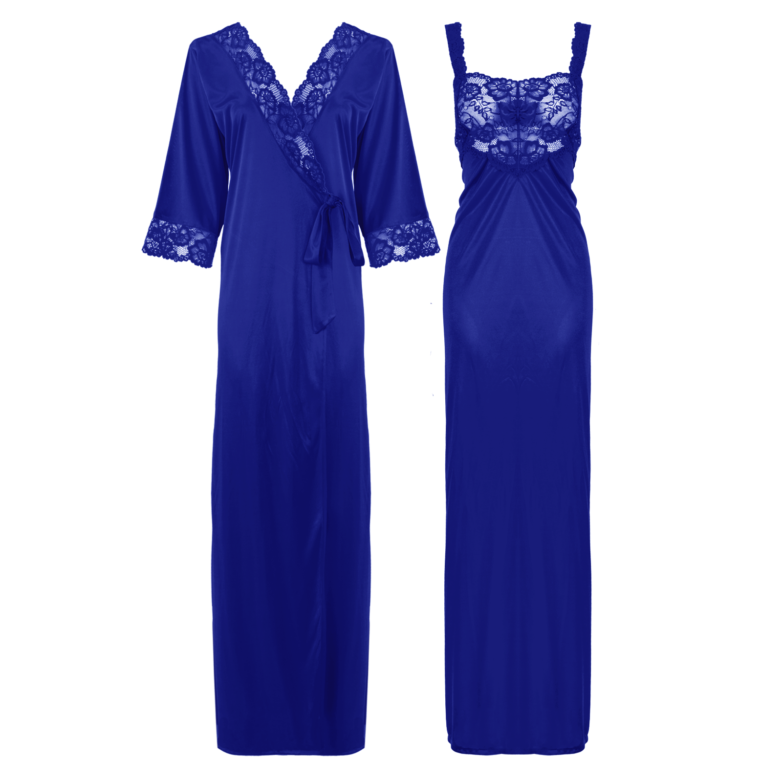Blue / L Satin Long Lace Nightie with Robe The Orange Tags