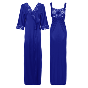 Blue / L Satin Long Lace Nightie with Robe The Orange Tags