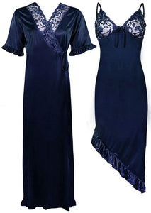 Navy / One Size High Low Classy Satin Nightdress with Robe The Orange Tags