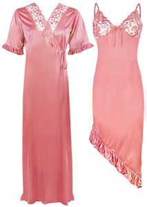 Baby Pink / One Size High Low Classy Satin Nightdress with Robe The Orange Tags