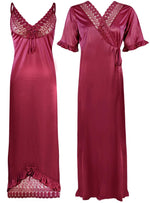 Afbeelding in Gallery-weergave laden, Cerise / One Size Women Satin Nighty With Robe 2 Pcs Set The Orange Tags
