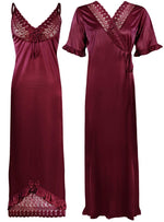 Afbeelding in Gallery-weergave laden, Deep Wine / One Size Women Satin Nighty With Robe 2 Pcs Set The Orange Tags
