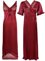 Afbeelding in Gallery-weergave laden, Deep Red / One Size Women Satin Nighty With Robe 2 Pcs Set The Orange Tags
