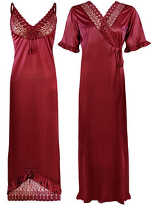 Deep Red / One Size Women Satin Nighty With Robe 2 Pcs Set The Orange Tags
