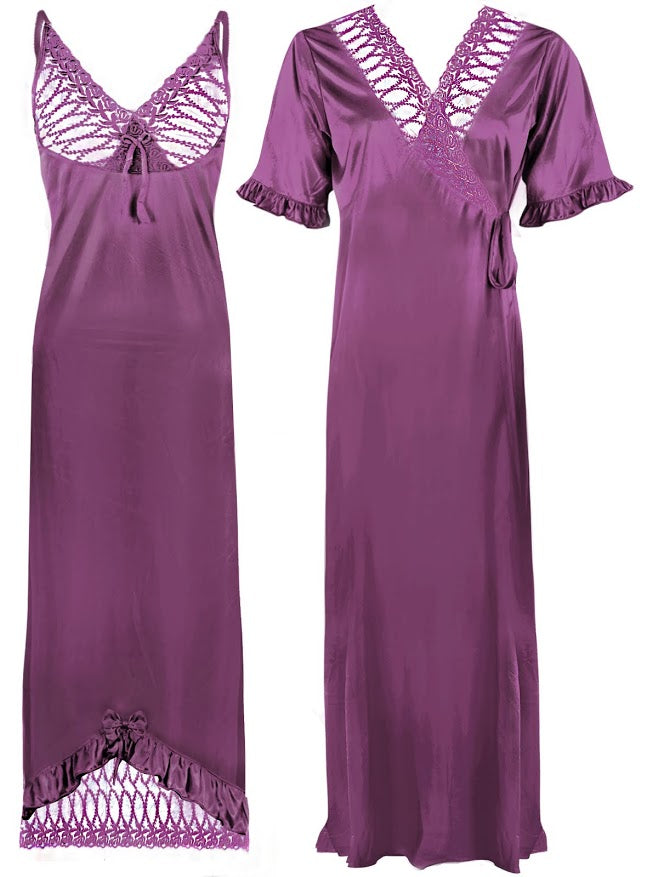 Light Purple / One Size Women Satin Nighty With Robe 2 Pcs Set The Orange Tags