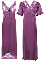 Afbeelding in Gallery-weergave laden, Light Purple / One Size Women Satin Nighty With Robe 2 Pcs Set The Orange Tags
