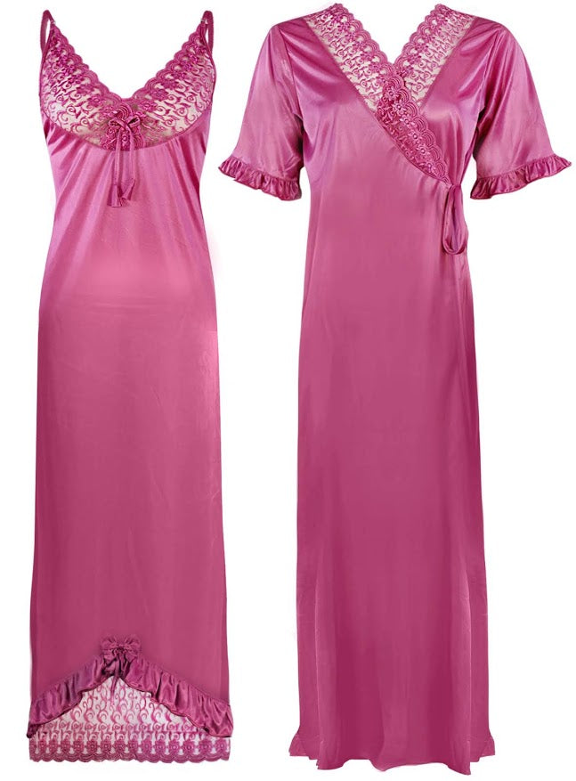 Pink / One Size Women Satin Nighty With Robe 2 Pcs Set The Orange Tags