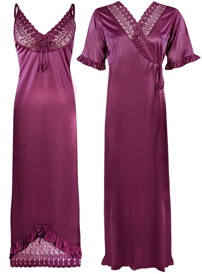 Purple / One Size Women Satin Nighty With Robe 2 Pcs Set The Orange Tags
