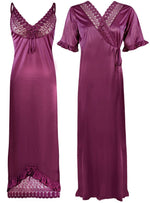 Загрузить изображение в средство просмотра галереи, Purple / One Size Women Satin Nighty With Robe 2 Pcs Set The Orange Tags
