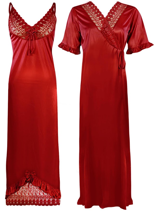 Red / One Size Women Satin Nighty With Robe 2 Pcs Set The Orange Tags