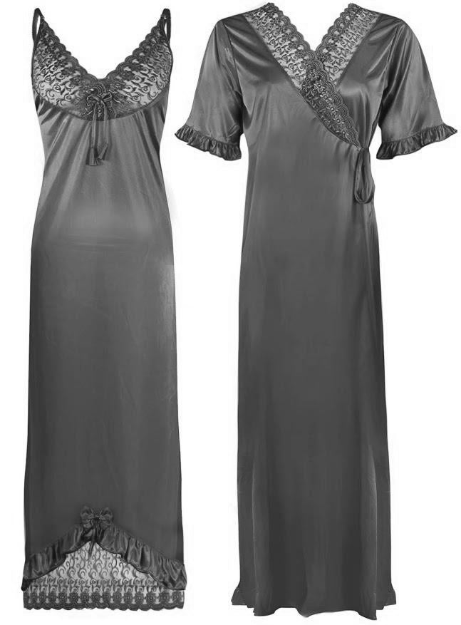 Silver / One Size: Regular (8-16) Designer Satin Nightwear Nighty and Robe The Orange Tags